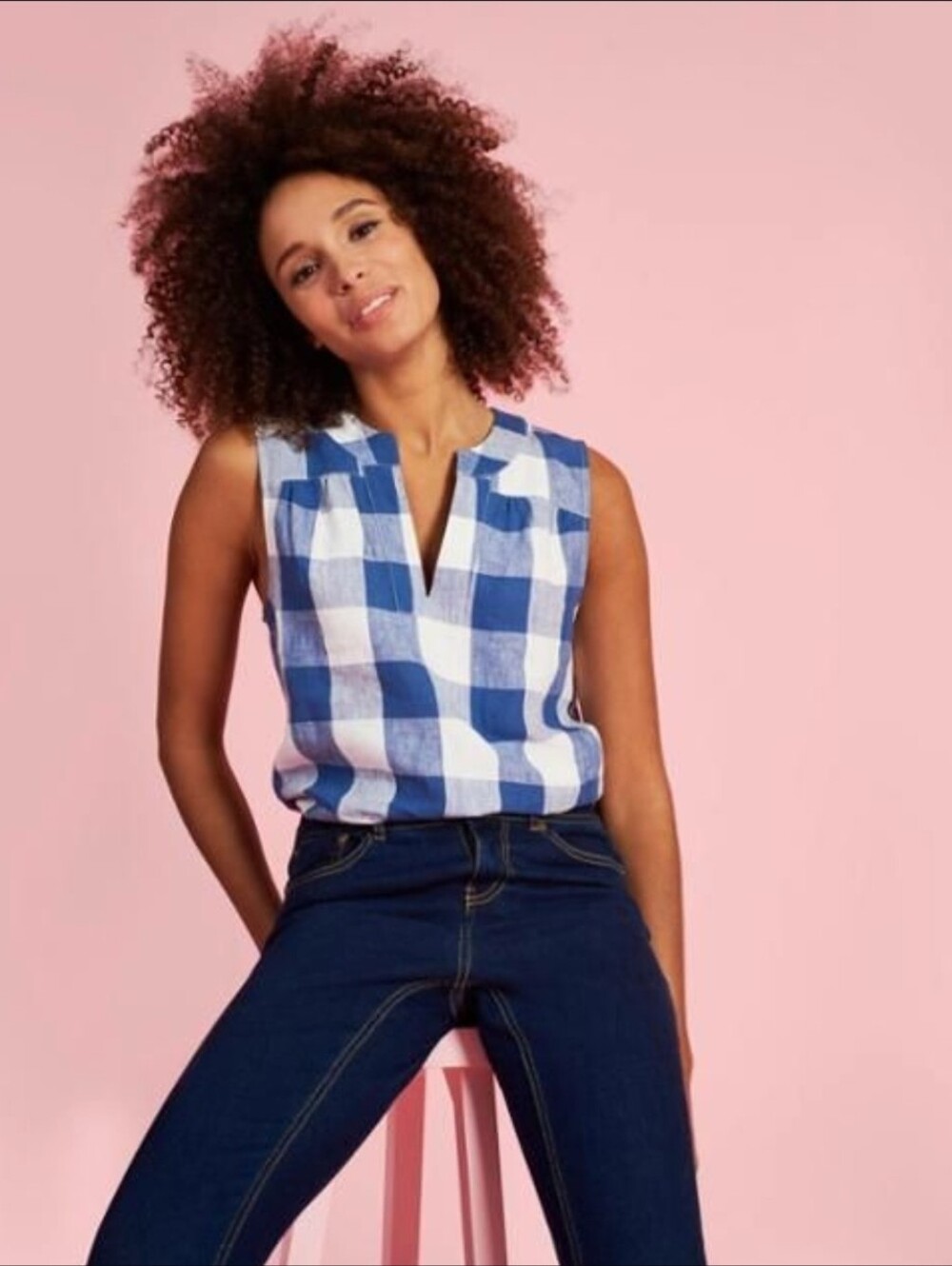 Joules Blue and White Gingham Sleeveless Split-Neck Top